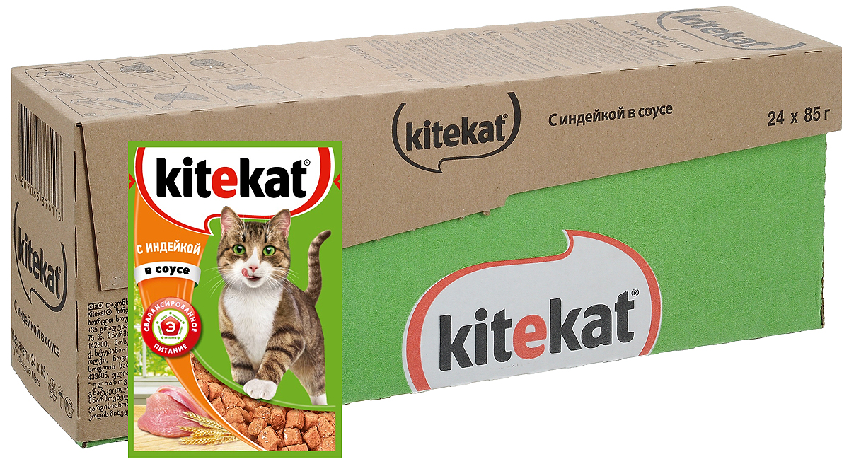 Консервы Kitekat для взрослых кошек, с индейкой в соусе, 85 г х 24 шт41378 Консервы Kitekat для взрослых кошек, с индейкой в соусе, 85 г х 24 шт41378Консервы Kitekat - это порция сочных кусочков с индейкой, приготовленных по особому рецепту. В основе корма формула сбалансированного питания, которая содержит белки, минералы, витамины, таурин и животные жиры. Порадуйте вашего питомца - в каждой порции только качественные продукты, как и те, что на вашей кухне: мясные ингредиенты, злаки и жиры животного происхождения. Все натуральные свойства сохранены и правильно сбалансированы для энергии и здоровья вашего кота. В упаковке 24 пауча по 85 г. Товар сертифицирован.