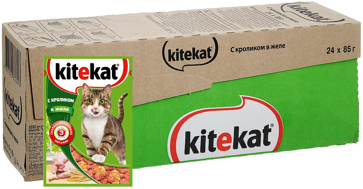 Консервы Kitekat для взрослых кошек, с кроликом в желе, 85 г х 24 шт41377 Консервы Kitekat для взрослых кошек, с кроликом в желе, 85 г х 24 шт41377Консервы Kitekat - это порция сочных кусочков с кроликом, приготовленных по особому рецепту. В основе корма формула сбалансированного питания, которая содержит белки, минералы, витамины, таурин и животные жиры. Порадуйте вашего питомца - в каждой порции только качественные продукты, как и те, что на вашей кухне: мясные ингредиенты, злаки и жиры животного происхождения. Все натуральные свойства сохранены и правильно сбалансированы для энергии и здоровья вашего кота. В упаковке 24 пауча по 85 г. Товар сертифицирован.