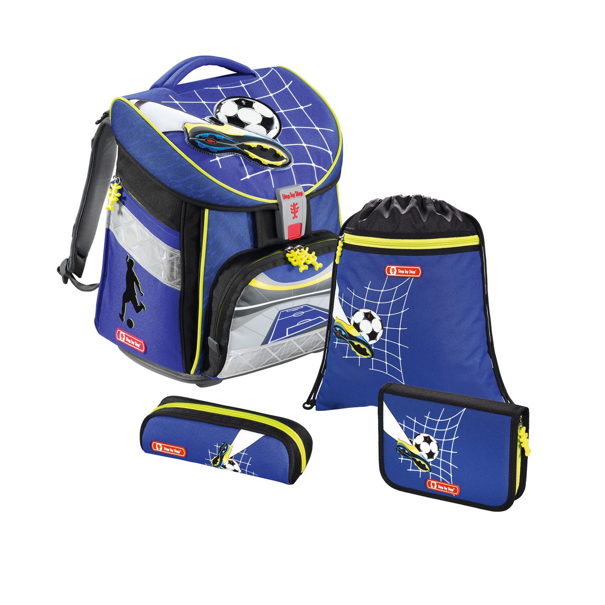 Hama Ранец школьный для мальчика Step By Step Comfort Top Soccer с наполнением129107 Hama Ранец школьный для мальчика Step By Step Comfort Top Soccer с наполнением129107Школьный ранец для мальчика Step By Step Comfort Top Soccer подарит ребенку удобство и стильный внешний вид. Исполненный из полиэстера, он имеет два основных отделения, прикрытых клапаном на защелке, два боковых кармана, один большой внешний карман на молнии, уплотненную спинку и широкие мягкие регулируемые лямки. В комплекте с ранцем идет мягкий мешок для сменной обуви, жесткий пенал и мягкий пенал- косметичка. Для удобства переноски рюкзак снабжен ручкой-петлей, а чтобы ребенка можно было распознать на дороге в сумерки - светоотражателями.