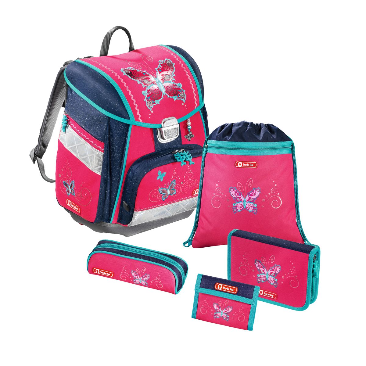 Hama Ранец школьный Step By Step Touch Butterfly Dancer с наполнением129071 Hama Ранец школьный Step By Step Touch Butterfly Dancer с наполнением129071Ранец Step By Step Touch, набор 5 в 1 Butterfly Dancer полиэстер розовый/синий Наполнение: пенал с наполнением, пенал, кошелек, мешок для сменки