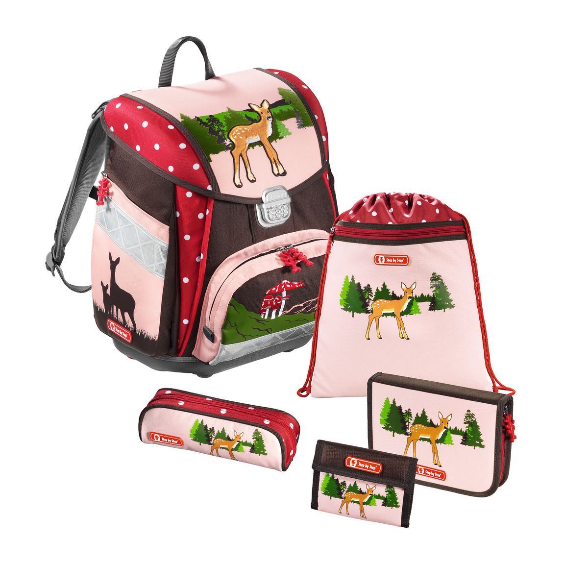 Hama Ранец школьный для девочки Step By Step Touch Lovely Deer с наполнением129078 Hama Ранец школьный для девочки Step By Step Touch Lovely Deer с наполнением129078Школьный ранец для девочки Step By Step Touch Lovely Deer подарит ребенку удобство и стильный внешний вид. Исполненный из полиэстера, он имеет три основных отделения, прикрытых клапаном на защелке, два боковых кармана, один большой внешний карман на молнии, уплотненную спинку и широкие мягкие регулируемые лямки. В комплекте с ранцем идет мягкий мешок для сменной обуви, жесткий пенал, кошелек и мягкий пенал-косметичка. Для удобства переноски рюкзак снабжен ручкой, а чтобы ребенка можно было распознать на дороге в сумерки - светоотражателями.