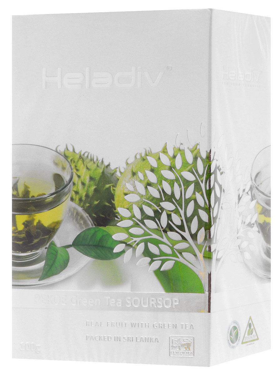 Heladiv Pekoe Green Soursop чай зеленый с саусепом листовой, 100 г4791007009382 Heladiv Pekoe Green Soursop чай зеленый с саусепом листовой, 100 г4791007009382Зеленый крупнолистовой чай Heladiv Pekoe Green Soursop с добавлением экзотического фрукта саусеп. Ярко выраженный золотистый настой напитка с особым утонченным вкусом и восхитительным ароматом саусепа дарит ощущение свежести и бодрости в течении всего дня.