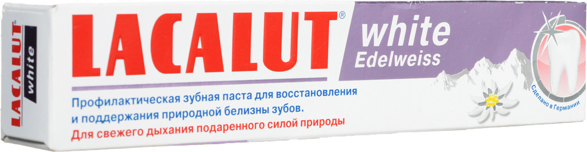 Lacalut Зубная паста White Edelweiss, 75 мл159801263 Lacalut Зубная паста White Edelweiss, 75 мл159801263Зубная паста Lacalut White Edelweiss - деликатное удаление окрашенного зубного налета. Целебная сила Эдельвейса альпийского (антисептическое, противовоспалительное, заживляющее вяжущее, обезболивающее, антиоксидантное действие). Выраженное антисептическое и противовоспалительное действие манжетки обыкновенной и вербены лимонной. Для естественной белизны зубов. Характеристики: Объем: 75 мл. Артикул: 666038. Производитель: Германия. Товар сертифицирован.
