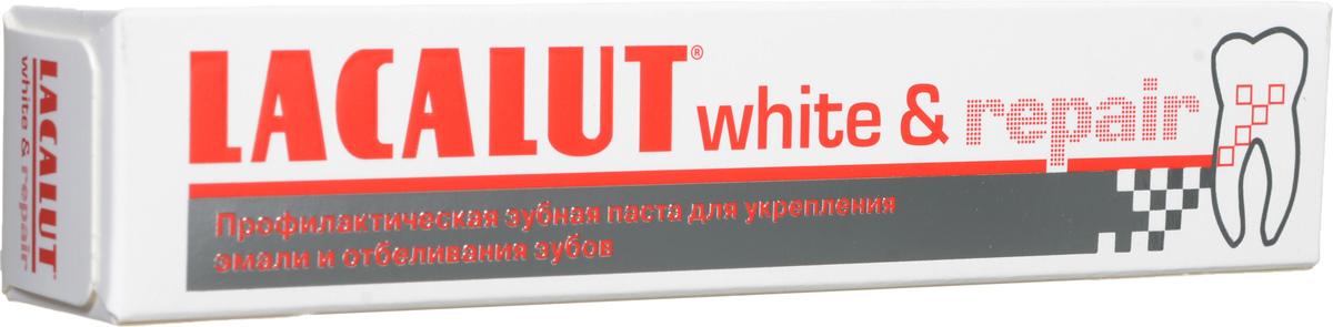 Lacalut Зубная паста White & Repair, 50 мл159800612 Lacalut Зубная паста White & Repair, 50 мл159800612Зубная паста Lacalut White & Repair для эффективного отбеливания зубов и безопасного восстановления эмали. Гидроксиапатит встраивается в поверхностные слои эмали, обеспечивая быструю репарацию и реминерализацию. Восстанавливает природную белизну зубов. Снижает повышенную чувствительность. Характеристики: Объем: 50 мл. Артикул: 666043. Производитель: Германия. Товар сертифицирован.