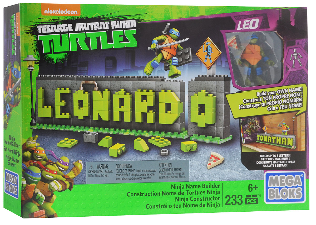 Mega Bloks Черепашки Ниндзя Конструктор Табличка для имениDRV34 Mega Bloks Черепашки Ниндзя Конструктор Табличка для имениDRV34Конструктор Mega Bloks: Черепашки Ниндзя Табличка для имени позволит вам оформить ваше имя в стиле Черепашек Ниндзя! С помощью этого набора, которым бы гордился сам мастер Сплинтер, вы сможете создать табличку с именем из не более чем восьми букв! Украсьте ей свою комнату, стол или любое другое место в доме. Покажите, что вы - настоящий друг Черепашек Ниндзя! В набор входит сборная фигурка Леонардо, а также черепашьи аксессуары, позволяющие сделать вашу табличку уникальной! Соедините сразу несколько табличек, чтобы составить целые фразы или предложения! Совмещайте с другими наборами Черепашек Ниндзя и создайте свою коллекцию мастеров!