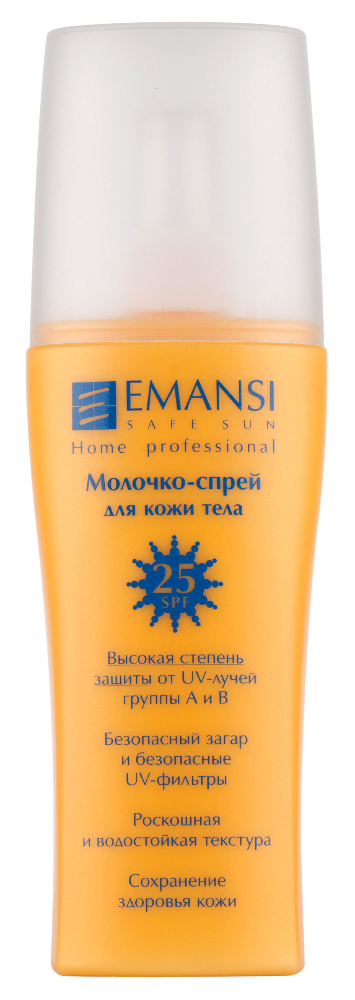 Emansi Молочко-спрей для кожи тела Safe sun SPF 25, 150 мл3298 Emansi Молочко-спрей для кожи тела Safe sun SPF 25, 150 мл3298- Высокая степень защиты от UV-лучей группы А и В - Безопасный загар и безопасные UV-фильтры - Роскошная и водостойкая текстура - Сохранение здоровья кожи - Защищает от UV-лучей группы А и В благодаря включению безопасных UV-фильтров - Устойчиво к действию воды и пота - Подходит для любой, в том числе и чувствительной кожи