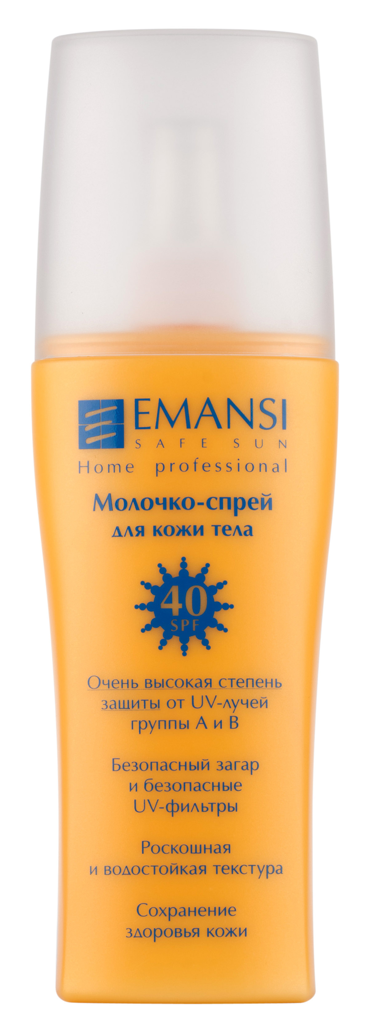 Emansi Молочко-спрей для кожи тела Safe sun SPF 40, 150 мл3304 Emansi Молочко-спрей для кожи тела Safe sun SPF 40, 150 мл3304- Высокая степень защиты от UV-лучей группы А и В - Безопасный загар и безопасные UV-фильтры - Роскошная и водостойкая текстура - Сохранение здоровья кожи - Защищает от UV-лучей группы А и В благодаря включению безопасных UV-фильтров - Устойчиво к действию воды и пота - Подходит для любой, в том числе и чувствительной кожи