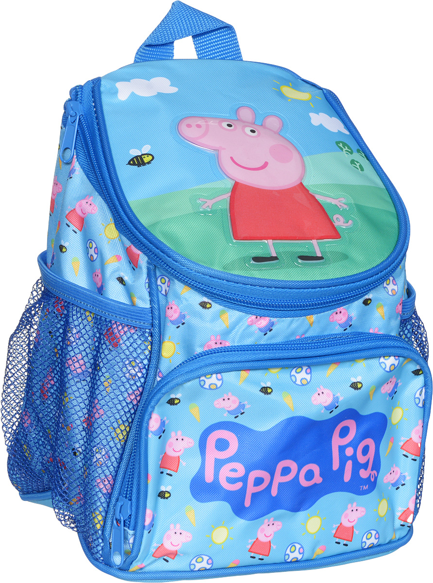 Peppa Pig Рюкзак дошкольный Пеппа на лужайке30074 Peppa Pig Рюкзак дошкольный Пеппа на лужайке30074Милый дошкольный рюкзачок от Peppa Pig Пеппа и уточка - обязательно понравится каждой юному любителю этого популярного мультфильма. Рюкзак выполнен из прочного полиэстера и водонепроницаемой ткани,украшен привлекательным принтом и блестящей объемной аппликацией (PVC) свинки Пеппы на лужайке. Рюкзак имеет одно внутреннее отделение на молнии, регулируемые лямки,специальную ручку для размещения на вешалке,лицевой карман на молнии и два сетчатых боковых кармашка на резинке. Таким образом, рюкзак будет с вашей малышкой на протяжении многих лет. Порадуйте свою малышку таким замечательным подарком!