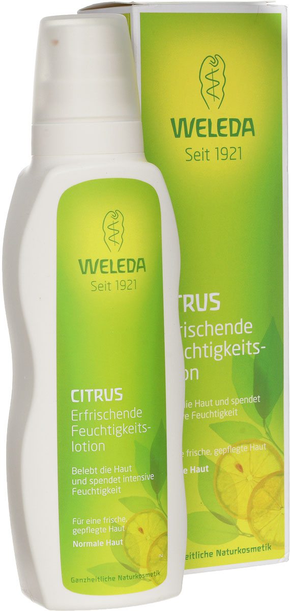 Молочко для тела Weleda Citrus, освежающее, 200 мл8856 Молочко для тела Weleda Citrus, освежающее, 200 мл8856Освежающий аромат лимонов оказывает тонизирующее воздействие на организм - он бодрит, заряжает энергией на целый день и обладает сильными антидепрессивными свойствами. Яркие солнечные лучи, плодородная земля и заботливый уход в течение всего года - вот в чем секрет сочных и ароматных лимонов, из которых добывают эфирное масло для продукции Weleda. Необыкновенно ароматное 100% натуральное молочко для тела Weleda Citrus с органическим гелем алоэ пробуждает чувства и наполняет кожу жизненной силой - что может быть лучше в начале нового дня! Благодаря сочетанию нежного кунжутного и легкого кокосового масел средство интенсивно увлажняет даже самые глубокие слои кожи, придавая ей сказочную гладкость и здоровое сияние. Содержание влаги в коже после четырехнедельного использования молочка увеличивается на 25%. Благодаря своей шелковистой консистенции цитрусовое молочко быстро впитывается, не оставляя жирного блеска и следов на одежде. Освежающее увлажняющее молочко для тела с...