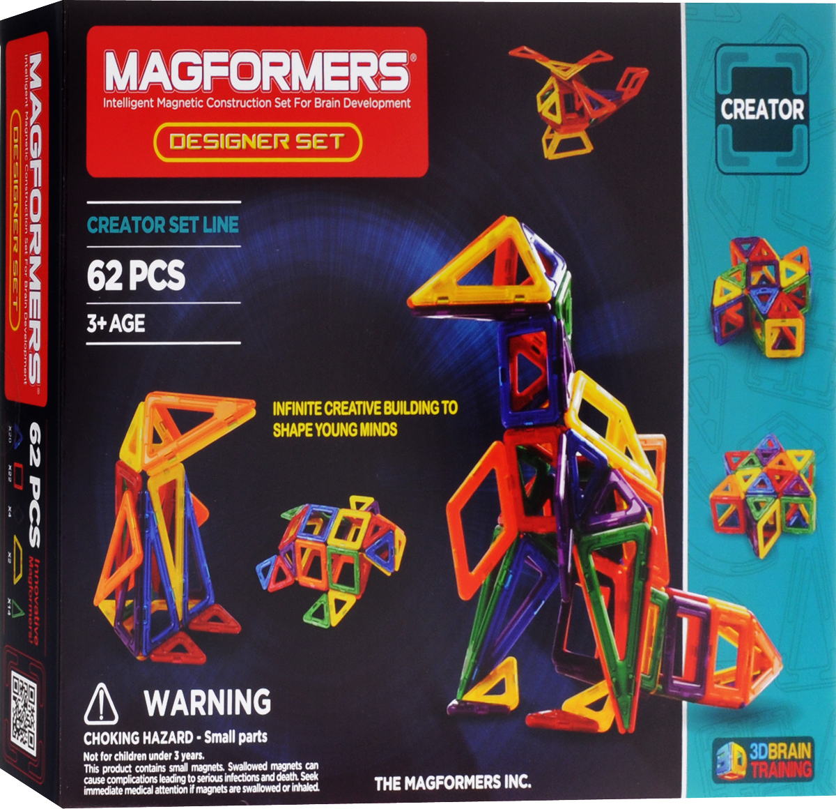 Magformers Магнитный конструктор Designer Set63081/703002 Magformers Магнитный конструктор Designer Set63081/703002Магнитный конструктор Magformers Designer Set предназначен для детей, которые хорошо эрудированы и развиты (возраст не является основным критерием для магнитных конструкторов Magformers). Набор позволяет ребенку строить поистине потрясающие вещи, как из мира техники (самолет, вертолет, кран, экскаватор), так и из мира архитектуры (дома, замки). Возможность замены одних деталей другими (ромб на 2 треугольника, 3 ромба на шестиугольник и так далее) позволяет ребенку изучать и моделировать геометрические фигуры, воплощать оригинальные идеи в жизнь, превращать мир из плоского в объемный. Несмотря на то, что набор ориентирован в первую очередь на более старших детей, малышам он тоже понравится. Как и все другие наборы, он содержит в себе базовые детали - треугольники и квадраты, которых с лихвой хватит для построения всевозможных фигур - домиков, башен, волшебного шара и многого другого. А уже по мере развития вашего ребенка вы сможете добавить ромбы, трапеции и длинные...