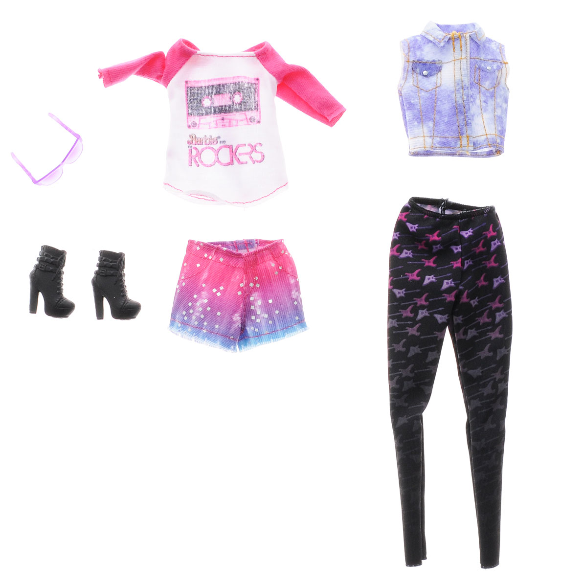 Barbie Набор одежды для кукол CFY06_DMF56CFY06_DMF56 Barbie Набор одежды для кукол CFY06_DMF56CFY06_DMF56Каждый день новый очаровательный наряд - это возможно с набором модной одежды для кукол Барби. Два модных наряда в одной упаковке - это двойное удовольствие! Бело-розовая модная кофточка и короткие шорты с блестками - лучший наряд для похода в клуб или на дискотеку. Второй комплект состоит из трикотажных брюк черного цвета и бело-сиреневого жилета. Набор включает в себя стильные черные полусапожки на высоких каблуках и оригинальные солнечные очки сиреневого цвета. Комбинируйте эти комплекты с другими нарядами, чтобы расширить гардероб своих модниц. В процессе игры любая девочка с удовольствием будет наряжать куклу в новую одежду. Если собрать всю коллекцию одежды для куклы Барби, то можно будет подобрать наряды для самых разных сюжетов! Одежда подходит для большинства кукол Барби. Куклы продаются отдельно.