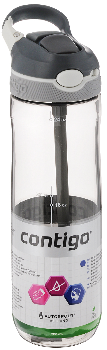 Бутылка для воды Contigo Ashland, цвет: серый, 720 млcontigo0457 Бутылка для воды Contigo Ashland, цвет: серый, 720 млcontigo0457Бутылка для воды Contigo Ashland изготовлена из высококачественного прозрачного пластика, безопасного для здоровья. Закручивающаяся крышка обеспечивает защиту от проливания. Бутылка оснащена силиконовым носиком для питья, который открывается при помощи кнопки на крышке (есть функция блокировки нажатия кнопки). Оптимальный объем бутылки позволяет взять небольшую порцию напитка. Она легко помещается в сумке или рюкзаке и всегда будет под рукой. Изделие имеет мерную шкалу, которая позволит контролировать количество жидкости. На крышке предусмотрена удобная ручка-коробин. Бутылка для воды Contigo Ashland - отличное решение для прогулки, пикника, автомобильной поездки, занятий спортом и фитнесом. Высота бутылки (с учетом ручки): 26,5 см. Диаметр дна: 6,5 см.