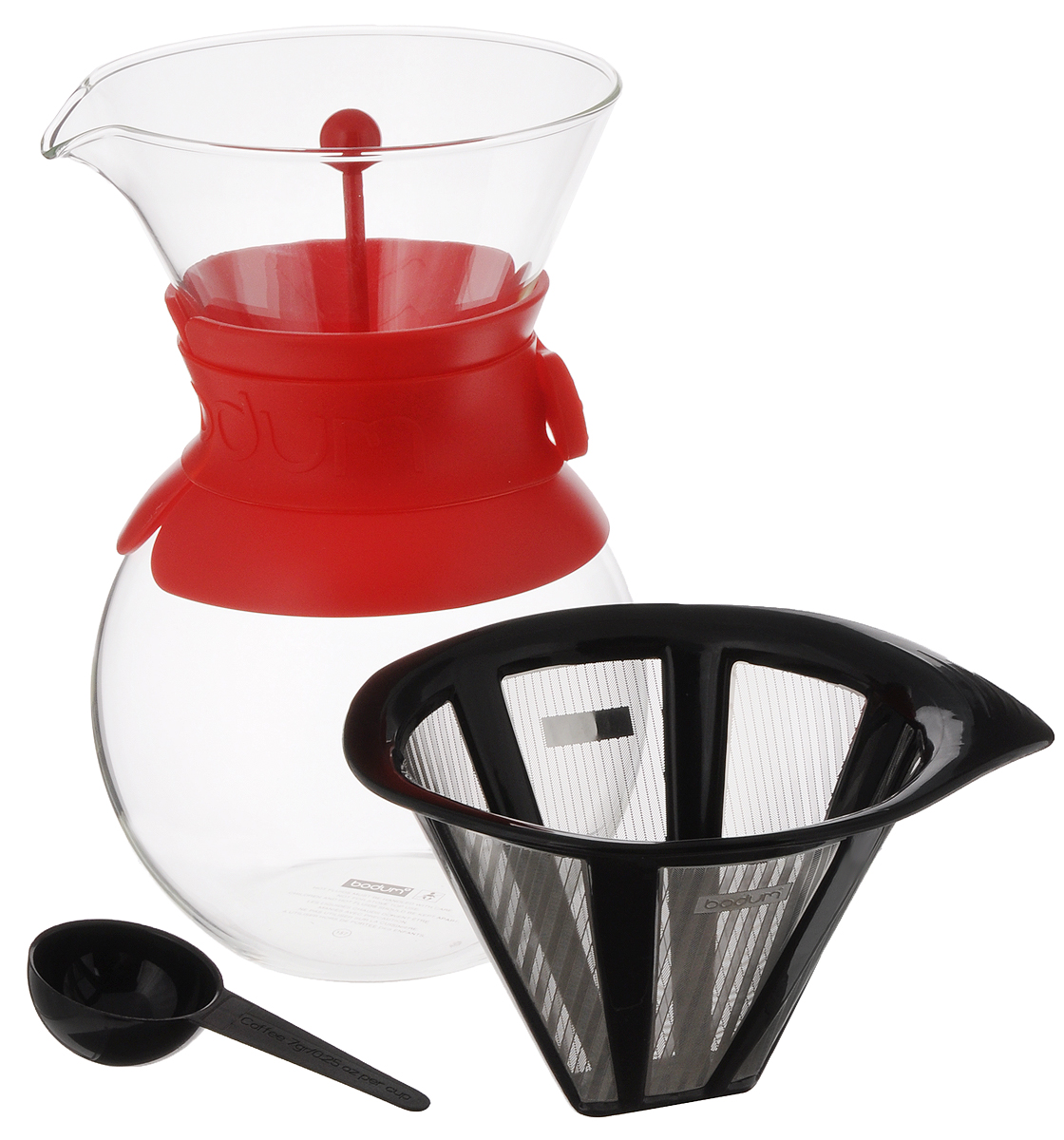 Кофейник Bodum Pour Over, с фильтром и мерной ложкой, цвет: прозрачный, красный, 1 л11571-294 Кофейник Bodum Pour Over, с фильтром и мерной ложкой, цвет: прозрачный, красный, 1 л11571-294Кофейник с фильтром Bodum Pour Over предназначен для заваривания кофе. Изделие изготовлено из боросиликатного термостойкого стекла, снабжено специальной пластиковой вставкой с силиконовым ремешком, чтобы не обжечь руки. Фильтр выполнен из пластика с сеткой из коррозионностойкой стали. Кофейник очень прост в использовании. Заполните воронку молотым кофе, предназначенным для приготовления капельным способом. Медленно вливайте горячую воду, дайте воде просочиться сквозь кофе, готовый кофе будет капать в емкость. В комплекте предусмотрена специальная мерная ложечка на 7 грамм кофе. Диаметр емкости (по верхнему краю): 12 см. Высота емкости (без учета крышки): 21 см. Размер фильтра: 17 х 13,5 х 10 см. Длина ложки: 10 см.