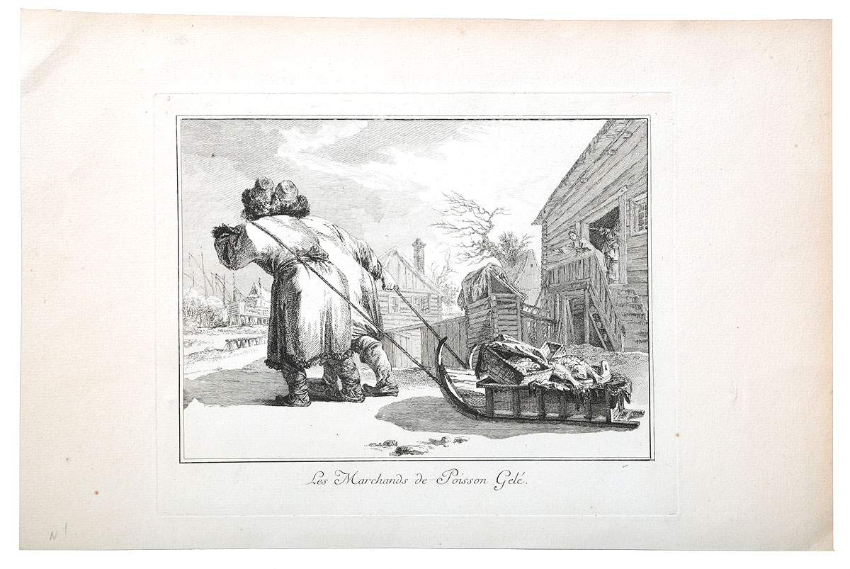 Жан-Батист Лепренс. Русские торговцы рыбой. Гравюра. Франция, 1764 годАККАА Жан-Батист Лепренс. Русские торговцы рыбой. Гравюра. Франция, 1764 годАККАА«Русские торговцы рыбой». Гравюра. Франция, 1764 год. Гравер: Жан-Батист Лепренс (Jean-Baptiste Le Prince 1734-1781), изобретатель техники акватинты. Размер листа 25,3 х 38,5 см, размер изображения 16,5 х 22,5 см. Сохранность очень хорошая. Жан-Батист Лепренс почти единственный среди иностранных художников того времени приехал в Россию после долгого путешествия по Италии и Голландии по собственной инициативе и на свой страх и риск. Подобное поведение можно объяснить только любовью к путешествиям и интересом к другим странам и необычным людям, поскольку в России Лепренс путешествовал, делая множество зарисовок местных людей, обычаев, зданий и костюмов. Он держался особняком, не став раболепным придворным; в Россию он прибыл скорее для того, чтобы ее узнать, а не для того, чтобы заработать. Именно Лепренс, вернувшись через пять лет из России, ввел во Франции кратковременную моду на русское в живописи и на экзотичный «русский стиль»,...