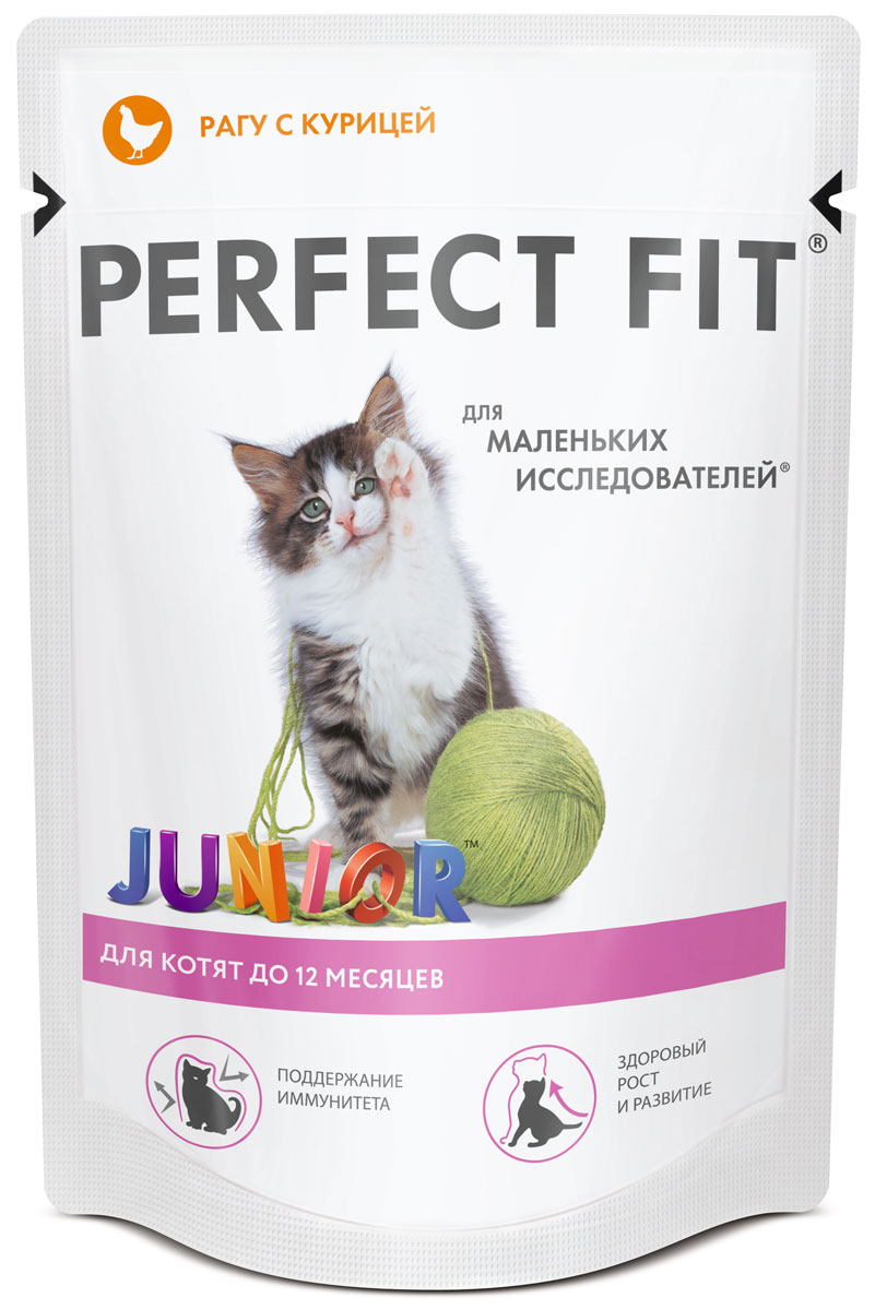 Консервы для котят Perfect Fit Junior, рагу с курицей, 85 г38491 Консервы для котят Perfect Fit Junior, рагу с курицей, 85 г38491Корм консервированный Perfect Fit Junior - высококачественное питание, специально разработанное для котят, в соответствии с потребностями развивающегося организма. Котенок - это настоящее чудо, маленький пушистый комочек, для которого вы стали именно тем, кто свяжет его с таким большим миром. Он не может обходиться без постоянных игр, домашних приключений и исследований, поэтому ему необходимо особое питание, дающее силу для игр и роста. Особенности корма: - содержит оптимальное соотношение кальция и фосфора, высокий уровень питательных веществ и энергии, необходимые для здорового роста и развития, - содержит витамин Е и цинк, помогающие поддержанию иммунной системы, - не содержит сои, консервантов, ароматизаторов, искусственных красителей, усилителей вкуса. Состав: мясо и субпродукты (в том числе курица минимум 20%), злаки, растительное масло, таурин, витамины, минеральные вещества. Пищевая ценность в 100 г: белки - 9,5 г, жиры - 7 г, зола...