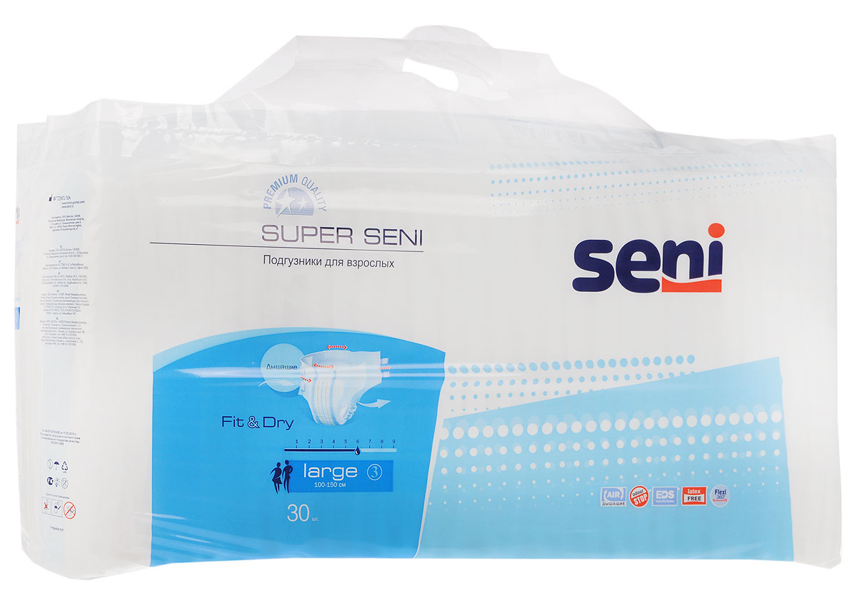 Seni Подгузники для взрослых Super Seni Large 30 штSE-094-LA30-JA1 Seni Подгузники для взрослых Super Seni Large 30 штSE-094-LA30-JA1Подгузники для взрослых Super Seni предназначены для людей, страдающих средней и тяжелой формами инконтиненции (недержания). Особенно удобны для малоподвижных и лежачих пациентов. Дышащий (паропроницаемый) внешний слой позволяет снизить риск возникновения раздражений и опрелостей. Эластичная резинка в поясе сзади и эластичные застежки-липучки гарантируют оптимальное прилегание к телу. Распределяющий слой EDS быстро и равномерно впитывает жидкость, что обеспечивает более полное ощущение сухости. Подгузники также содержат гидрофобные боковые внутренние бортики - это дополнительная защита от протекания. Мягкий нетканый материал на поверхности, двойной впитывающий слой с антибактериальным абсорбентом обеспечивают высокую впитываемость и нейтрализацию неприятного запаха. Могут использоваться как при недержании мочи, так и при недержании кала. Окружность подгузников по талии 100-150 см.