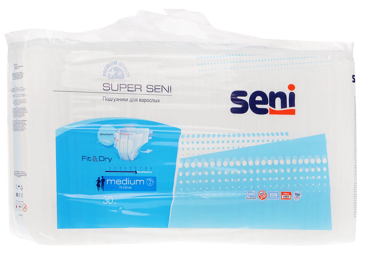 Seni Подгузники для взрослых Super SeniРазмер 2 (medium) 30 штSE-094-ME30-JA1 Seni Подгузники для взрослых Super SeniРазмер 2 (medium) 30 штSE-094-ME30-JA1Подгузники для взрослых Super Seni предназначены для людей, страдающих средней и тяжелой формами инконтиненции (недержания). Особенно удобны для малоподвижных и лежачих пациентов. Дышащий (паропроницаемый) внешний слой позволяет снизить риск возникновения раздражений и опрелостей. Эластичная резинка в поясе сзади и эластичные застежки-липучки гарантируют оптимальное прилегание к телу. Распределяющий слой EDS быстро и равномерно впитывает жидкость, что обеспечивает более полное ощущение сухости. Подгузники также содержат гидрофобные боковые внутренние бортики - это дополнительная защита от протекания. Мягкий нетканый материал на поверхности, двойной впитывающий слой с антибактериальным абсорбентом обеспечивают высокую впитываемость и нейтрализацию неприятного запаха. Могут использоваться как при недержании мочи, так и при недержании кала. Окружность подгузников по талии 75-110 см.