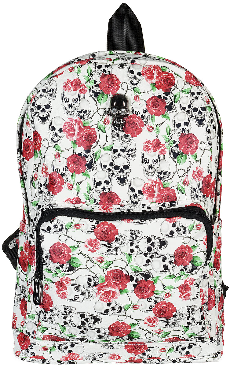 Рюкзак женский Kawaii Factory Skulls, цвет: белый. KW102-000005KW102-000005 Рюкзак женский Kawaii Factory Skulls, цвет: белый. KW102-000005KW102-000005Стильный и дерзкий рюкзак с черепами Skulls от Kawaii Factory подарит вам возможность производить неизгладимое впечатление на окружающих! Время эффектных аксессуаров с оригинальными принтами пришло! Необычный городской рюкзак с розами и черепами станет верным спутником в путешествии по городским будням. Изделие оснащено широкими регулируемыми лямками. В нем есть все, что нужно - одно основное отделение, закрывающееся на застежку-молнию, один внутренний накладной карман, а также карман на молнии на передней части рюкзака. По бокам имеются небольшие кармашки для различных мелочей. Благодаря отличной эргономичности прогулочный рюкзак будет практически невесомым на вашей спине. Простой, но в то же время стильный - он выглядит очень эффектно и даже экстраординарно и определенно выделит своего обладателя из толпы.