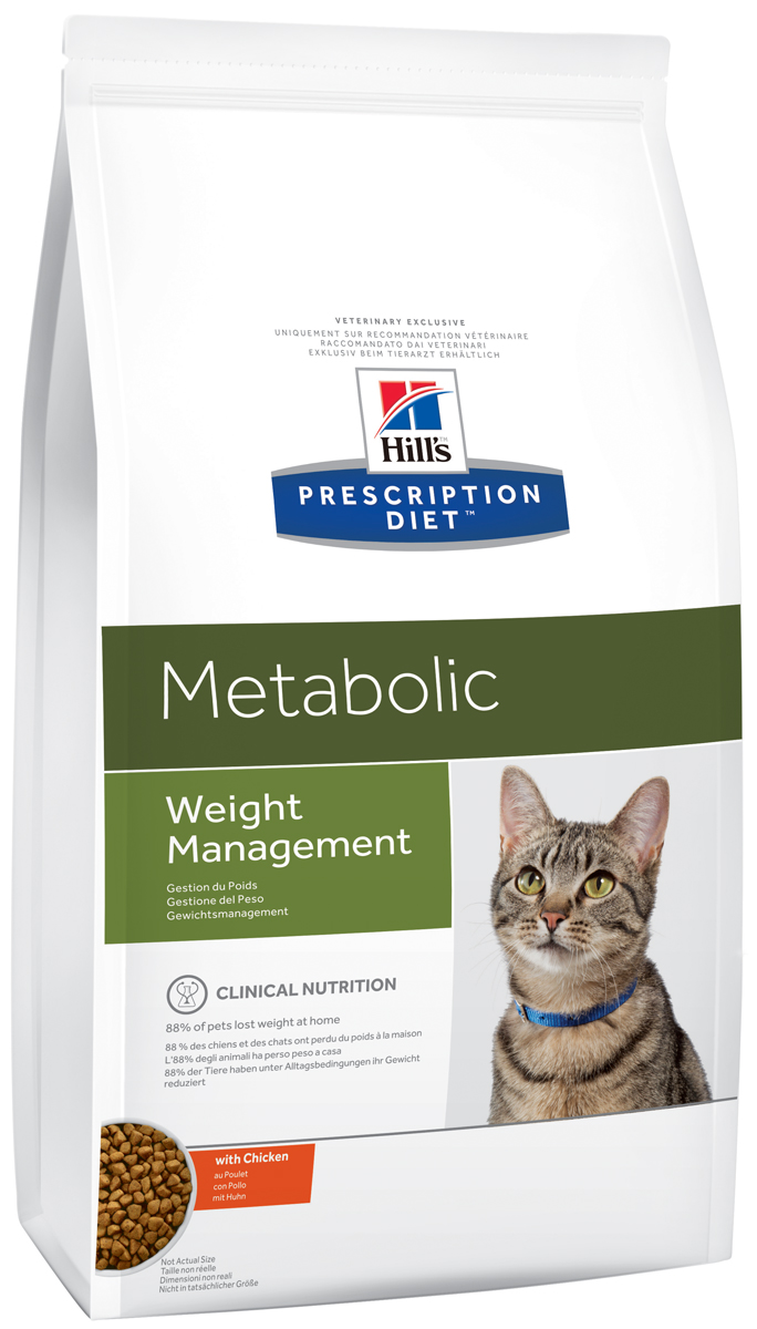Корм сухой диетический Hills Metabolic для кошек, для коррекции веса, 4 кг2148 Корм сухой диетический Hills Metabolic для кошек, для коррекции веса, 4 кг2148Сухой диетический корм для кошек Hills - полноценный диетический рацион для кошек, предназначенный для снижения избыточной массы тела и поддержания оптимального веса. Данный рацион обладает пониженной энергетической ценностью. Рацион для снижения и поддержания веса позволяет избежать повторного набора веса после прохождения программы по снижению веса. - Клинически доказанное снижение жировой массы на 28%. - Отличный вкус понравится вашей кошке. Состав: мясо и пептиды животного происхождения, зерновые злаки, экстракты растительного белка, производные растительного белка, производные растительного происхождения, овощи, масла и жиры, семена, минералы. Анализ: белок 37,8%, жир 11,9%, клетчатка 9,1%, зола 6%, кальций 0,96%, фосфор 0,7%, натрий 0,31%, калий 0,7%, магний 0,09%; на кг: витамин Е 600 мг, витамин С 90 мг, бета-каротин 1,5 мг. Добавки на кг: Е672 (витамин А) 35930 МЕ, Е671 (витамин D3) 2110 МЕ, Е1 (железо) 202 мг, Е2...