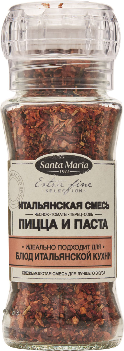 Santa Maria Итальянская смесь Пицца и паста, 80 г26734 Santa Maria Итальянская смесь Пицца и паста, 80 г26734Восхитительная смесь - чеснок, томаты, перец чили и средиземноморские травы (базилик, орегано и розмарин) - напомнит вам о солнечной Италии. Эта удивительная смесь максимально дополняет вкус пасты и пиццы.