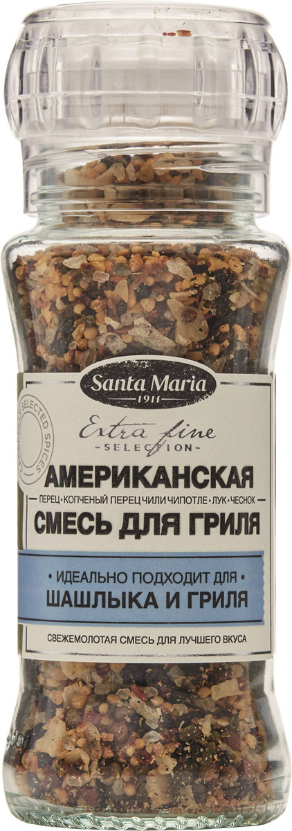 Santa Maria Американская смесь для гриля, 85 г26764 Santa Maria Американская смесь для гриля, 85 г26764Американская смесь Santa Maria придает копченый вкус любым блюдам на гриле - мясу, рыбе, овощам и морепродуктам. Смесь лука, чеснока, чили Чипотле, перца и морской соли превзойдет ожидания в приготовлении на гриле.