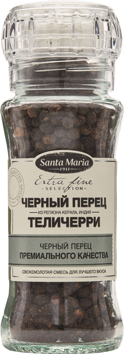 Santa Maria Черный перец Теличерри, 70 г26804 Santa Maria Черный перец Теличерри, 70 г26804Лучший из всех видов черного перца - особенно крупный отборный перец Теличерри из региона Керала в Индии. Обладает сильным ароматом с прекрасным фруктовым оттенком. Придайте совершенства своим любимым блюдам.