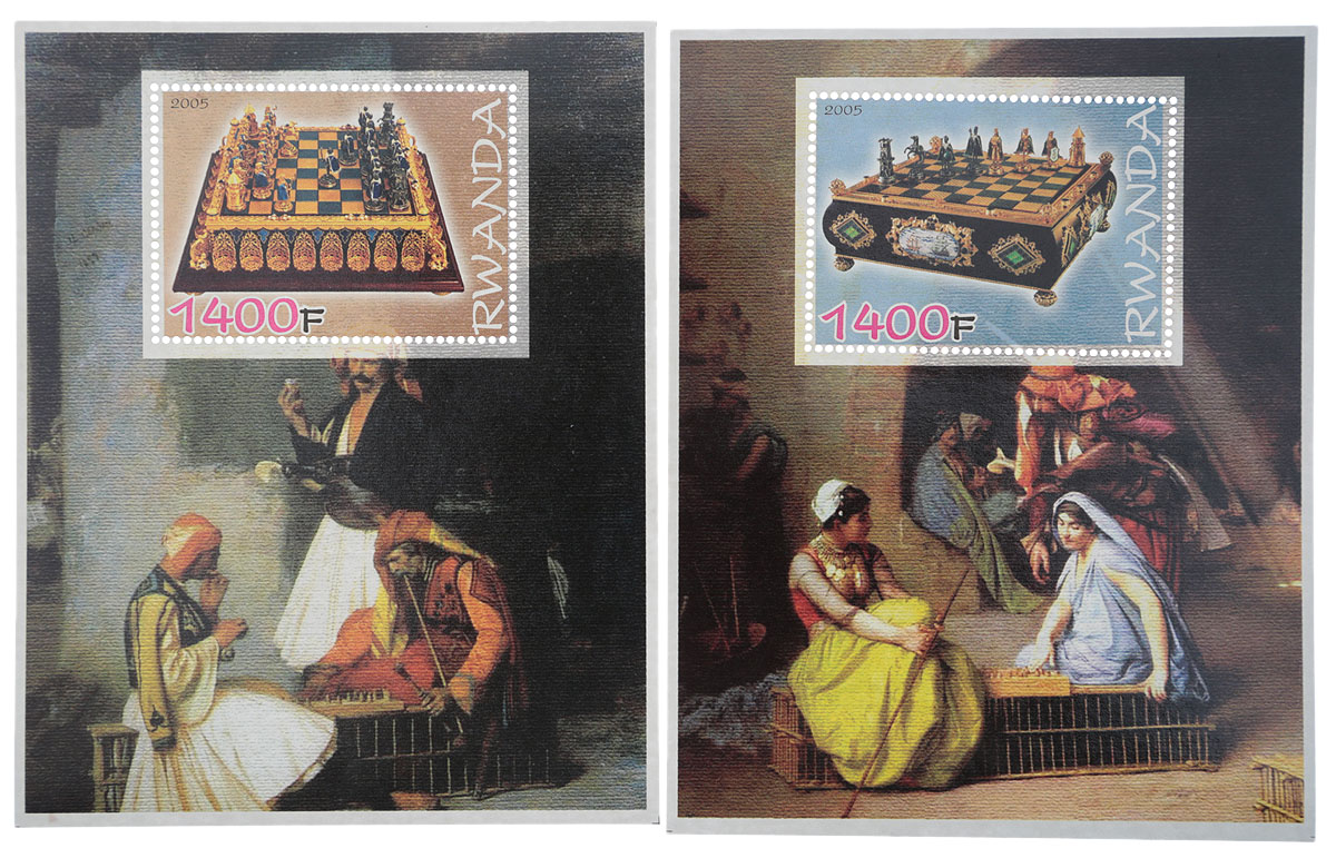 Комплект из 2 почтовых блоков Игра в шахматы. Руанда, 2005 годМКСПБ 36-2016.07 Комплект из 2 почтовых блоков Игра в шахматы. Руанда, 2005 годМКСПБ 36-2016.07Комплект из 2 почтовых блоков Игра в шахматы. Руанда, 2005 год