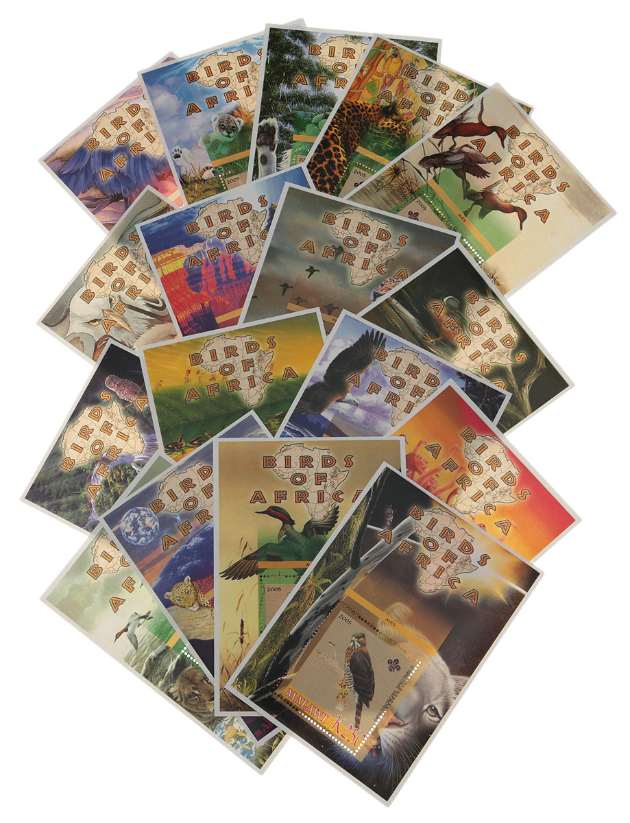 Комплект из 17 почтовых блоков Птицы Африки. Малави, 2005 годМКСПБ 36-2016.01 Комплект из 17 почтовых блоков Птицы Африки. Малави, 2005 годМКСПБ 36-2016.01Комплект из 17 почтовых блоков Птицы Африки. Малави, 2005 год. Размер блоков: 8 х 11.5 см. Размер марок: 4 х 4.5 см. Сохранность хорошая.