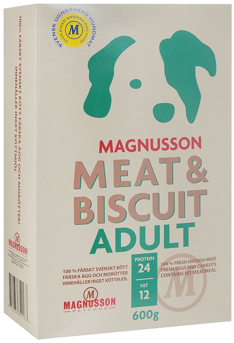 Корм сухой Magnusson Adult, для взрослых собак с нормальным уровнем активности, 600 г7350033852163 Корм сухой Magnusson Adult, для взрослых собак с нормальным уровнем активности, 600 г7350033852163Основными преимуществами корма Magnusson Adult является простой и понятный состав, а так же отсутствие каких-либо химических добавок и консервантов. Данный корм - это полноценное и сбалансированное питание для здоровья вашей собаки на долгие годы. Источником животного белка является филейная часть говядины (44% свежего мяса) без добавления мясной, рыбной, куриной муки или субпродуктов. Свежие яйца в сочетании с говядиной обеспечивают лучшее качество белка. Свежая морковь, также входящая в состав корма, является источником витамина А, регулирует углеводный обмен и оказывает положительное воздействие на работу пищеварительной системы вашей собаки. Источником углеводов является пшеница грубого помола, выращенная без применения удобрений и пестицидов. Пшеница является растительным продуктом с высокой усвояемостью, обеспечивает энергетические нужды организма, а также помогает синтезу аминокислот и ДНК - носителя генетической информации. Собаки...