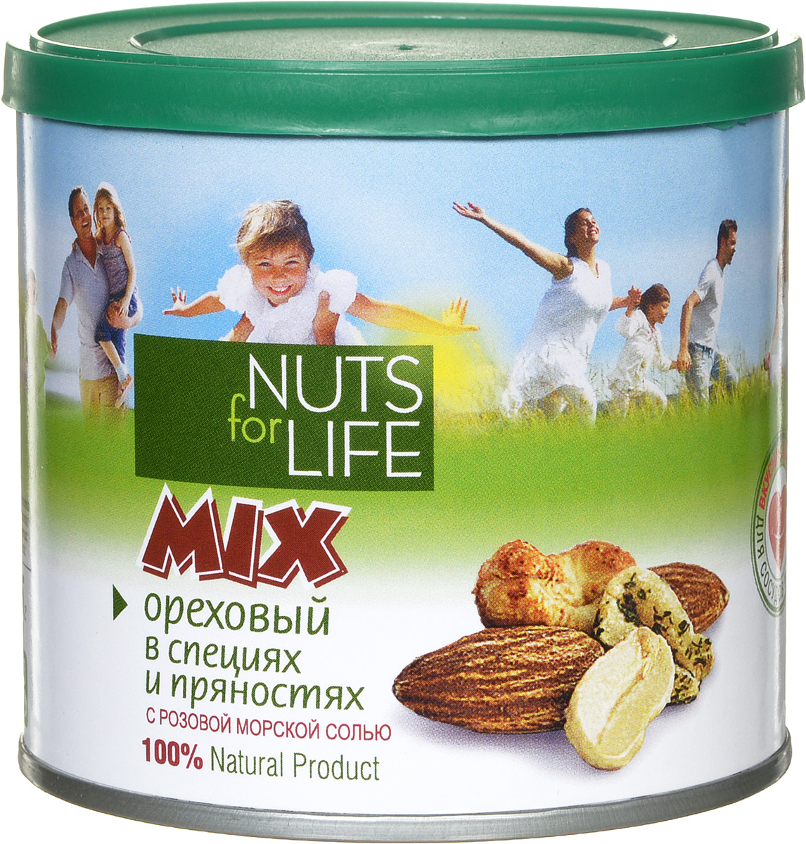 Nuts for Life Микс ореховый в специях и пряностях, 115 гU921002 Nuts for Life Микс ореховый в специях и пряностях, 115 гU921002Ядра высококачественного обжаренного миндаля, ароматный кешью с натуральным испанским томатом, арахис с чесноком и пряностями в сочетании с розовой морской солью зарядят вас необходимой энергией и повысят жизненный тонус.