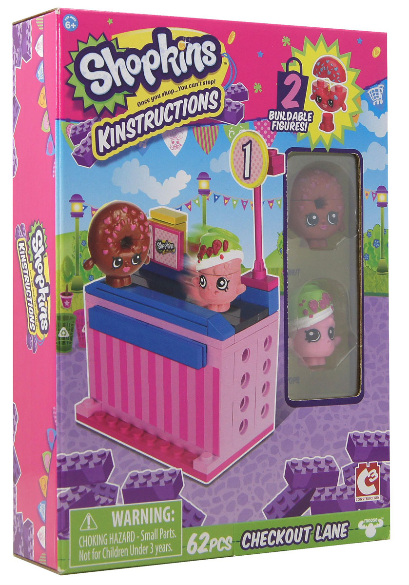 Shopkins Конструктор Магазин Пончик Д’лиш и Сода Попс37332ast37330 Shopkins Конструктор Магазин Пончик Д’лиш и Сода Попс37332ast37330Конструктор Shopkins Магазин Пончик Длиш и Сода Попс выпущен по мотивам любимого мультсериала о приключениях продуктов в супермаркете Шопвиля. Шопкинсы - это малыши-овощи и фрукты, которые любят ходить за покупками. Набор включает в себя 62 разноцветных пластиковых элемента для построения кассы и кассовой ленты. Также в наборе имеются 2 фигурки: Пончик Длиш и Сода Попс, они разбираются и состоят из трех частей. Конструктор - это один из самых увлекательных и веселых способов времяпрепровождения. Ребенок сможет часами играть с конструктором, придумывая различные ситуации и истории. Уникальность набора в том, что он, как и все остальные игрушки Shopkins превосходно сочетаются с элементами конструкторов от множества популярных брендов, среди которых и LEGO. Конструктор дополнен специальными наклейками, с помощью которых постройки можно украшать!