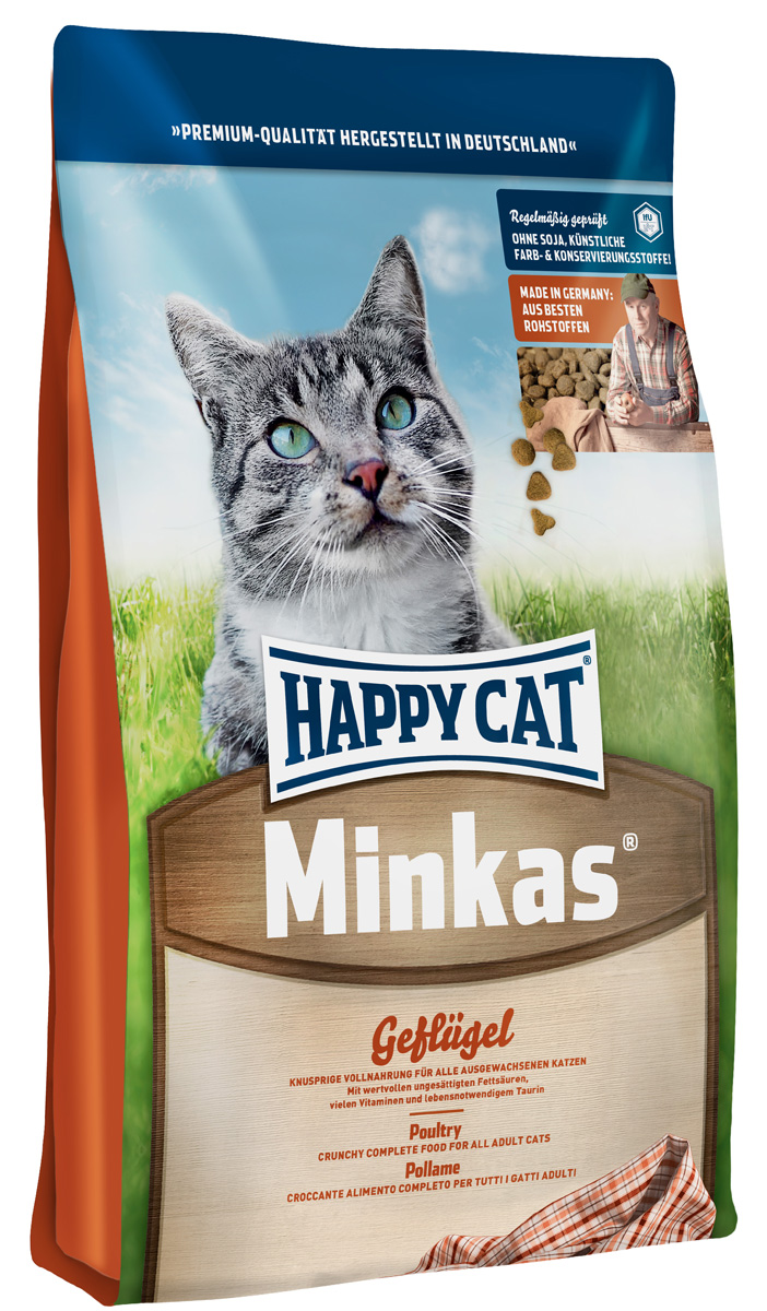 Корм сухой Happy Cat Minkas для взрослых кошек, с птицей, 10 кг70044 Корм сухой Happy Cat Minkas для взрослых кошек, с птицей, 10 кг70044Корм для кошек Happy Cat Minkas - это полноценный базовый корм для взрослых кошек. Благодаря ценным белкам из мяса птицы, отсутствию сои и высококачественным хрустящим злаковым составляющим, этот продукт нравится кошкам и легко усваивается. Корм не содержит вредных веществ. Порадуйте своего питомца качественной и питательной пищей. Состав: птица (29%), пшеничная мука, пшеница, кукуруза, птичий жир (5%), картофельный белок, рыба, свекловичный жом (без сахара), масло из семян подсолнечника, яблочная пульпа Аналитические составляющие: сырой протеин 30,0 %, сырой жир 12,0 %, сырая клетчатка 2,5 %, сырая зола 6,5 %, кальций 1,2 %, фосфор 0,9 %, натрий 0,35 %, омега-6 жирные кислоты 2,5 %, омега-3 жирные кислоты 0.35% Добавки: Витамин А 15000 МЕ, витамин D3 1250 МЕ, витамин Е 75 мг, таурин 1000 мг Товар сертифицирован.