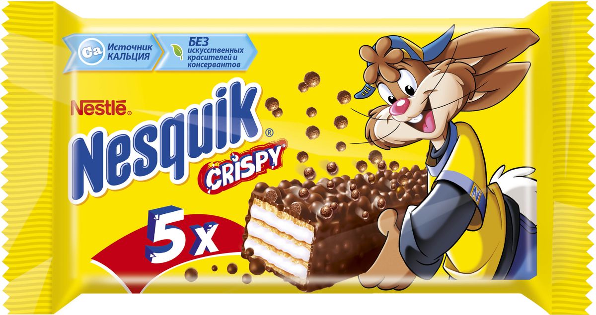Nesquik Crispy мультипак, 5х18 г12177413 Nesquik Crispy мультипак, 5х18 г12177413Шоколадные батончики Nesquik Crispy мультипак - это источник кальция. Он разделён на порции для здорового питания детей. Шоколадные батончики Nesquik — это любимое лакомство кролика Квики и его друзей! Без искусственных красителей Без консервантов Источник кальция Уважаемые клиенты! Обращаем ваше внимание, что полный перечень состава продукта представлен на дополнительном изображении.
