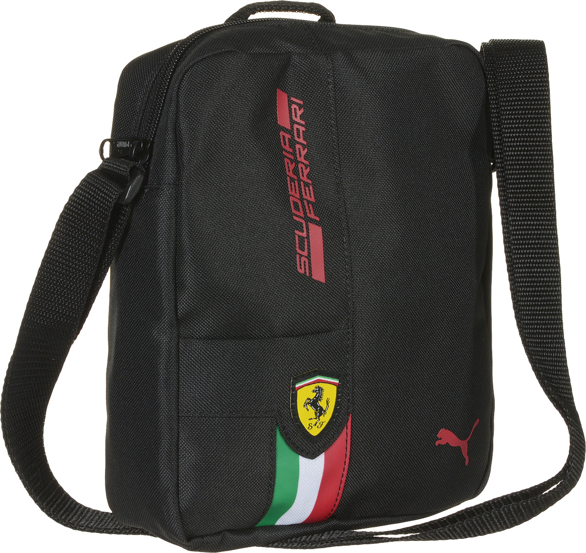 Сумка на плечо Puma Ferrari Fanwear Portable, цвет: черный. 0742750207427502 Сумка на плечо Puma Ferrari Fanwear Portable, цвет: черный. 0742750207427502Сумка от Puma серии Ferrari Fanwear Portable выполнена из текстиля. Модель декорирована фирменной символикой Puma на металлических язычках застежек-молний, тканой эмблемой Ferrari спереди, набивным логотипом гоночной команды Ferrari контрастного цвета спереди, набивным изображением итальянского флага спереди и, кроме того, набивным логотипом Puma, который также нанесен на переднюю часть изделия. Сумка выделяется особой практичностью, имеет главное отделение на молнии, два внутренних накладных кармана, функциональную подкладку из полиэстера с изнанкой из полиуретана, ручку для переноски и лямку через плечо регулируемой длины из лямочной ленты. Сумка украшена пластиковой фурнитурой Duraflex. Сумка Ferrari Fanwear Portable - городская функциональная сумка, которая станет удобным и эргономичным аксессуаром для современного жителя мегаполиса, предпочитающего активный образ жизни и любящего спорт. Станьте частью легендарной семьи Scuderia Ferrari, ощутите комфорт вместе с этой...