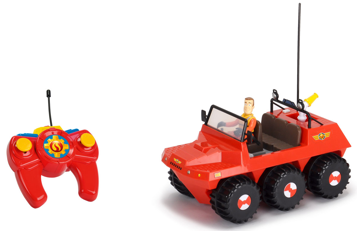 Dickie Toys Вездеход на радиоуправлении Hydrus3099620 Dickie Toys Вездеход на радиоуправлении Hydrus3099620Вездеход на радиоуправлении Dickie Toys Hydrus из популярного мультфильма Пожарный Сэм обязательно порадует вашего ребенка и подарит ему множество веселых игр и положительных эмоций. Выполненная из высококачественного безопасного пластика игрушка отличается большим размером и оснащена действующим водометом. Ребенок сможет залить в специально предназначенный отсек настоящую воду и тушить воображаемые пожары. Машинка управляется при помощи пульта дистанционного управления (в комплекте). Игрушка может двигаться вперед, назад, вправо, влево, останавливаться. Радиоуправляемые игрушки развивают у ребенка мелкую моторику, логику, координацию движений и пространственное мышление. Порадуйте своего малыша таким замечательным подарком! Для работы игрушки необходимы 3 батарейки типа АА напряжением 1,5V (не входят в комплект). Для работы пульта управления необходимы 2 батарейки типа ААА напряжением 1,5V (не входят в комплект).