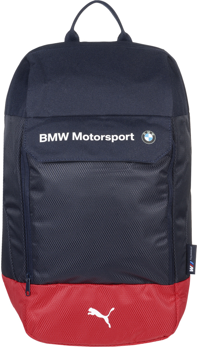 Рюкзак городской Puma BMW Motorsport Backpack, цвет: синий. 0742690207426902 Рюкзак городской Puma BMW Motorsport Backpack, цвет: синий. 0742690207426902Стильный рюкзак от Puma линии BMW Автоспорт создан для любителей активного образа жизни. Модель выполнена из полиэстера и декорирована набивной надписью BMW и набивной эмблемой BMW спереди, тканым ярлыком сбоку с текстом powered by M и набивным логотипом Puma спереди. Декоративные элементы также представлены яркими прорезиненными шнурами, продернутыми сквозь язычки застежек-молний и пластиковой фурнитурой Duraflex. Рюкзак имеет главное отделение на молнии, открывающейся с двух сторон, внутреннее отделение для ноутбука с мягкой подложкой из эластичного материала с застежкой на «липучке», отделение спереди на молнии под клапаном на «липучке» и внутренние накладные карманы для электронных устройств. Изделие оснащено функциональной подкладкой из полиэстера с изнанкой из полиуретана, закруглёнными лямками через плечо регулируемой длины с мягкой подложкой и ручкой для переноски из лямочной ленты, которая может складываться вдвое. Основанный в 1948 году бренд Puma стал...
