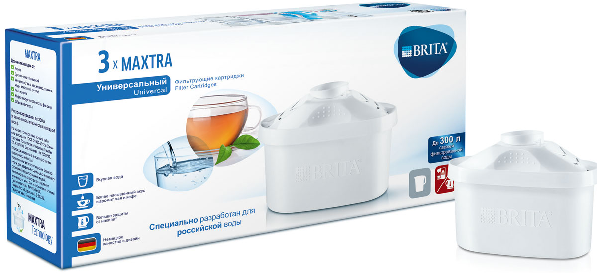 Картридж фильтрующий Brita Maxtra. Универсальный, 3 штКартридж Макстра Универсальный Упаковка 3 Картридж фильтрующий Brita Maxtra. Универсальный, 3 штКартридж Макстра Универсальный Упаковка 3Уникальная технология фильтрации Brita Maxtra снижает образование накипи и удаляет такие загрязнения, как хлор, отрицательно влияющие на вкус воды. Фильтры помогают очистить воду даже от металлов, таких как свинец или медь, которые могут присутствовать в воде в результате особенностей водопроводной системы. Вода, очищенная данным фильтром обладает рядом преимуществ: - улучшает вкус горячих и холодных напитков, - увеличивает срок службы бытовых приборов, препятствуя образованию накипи, - идеальна для приготовления вкусной и здоровой пищи, - придает более насыщенный вкус и аромат чаю и кофе. Комплектация: 3 сменных картриджа.