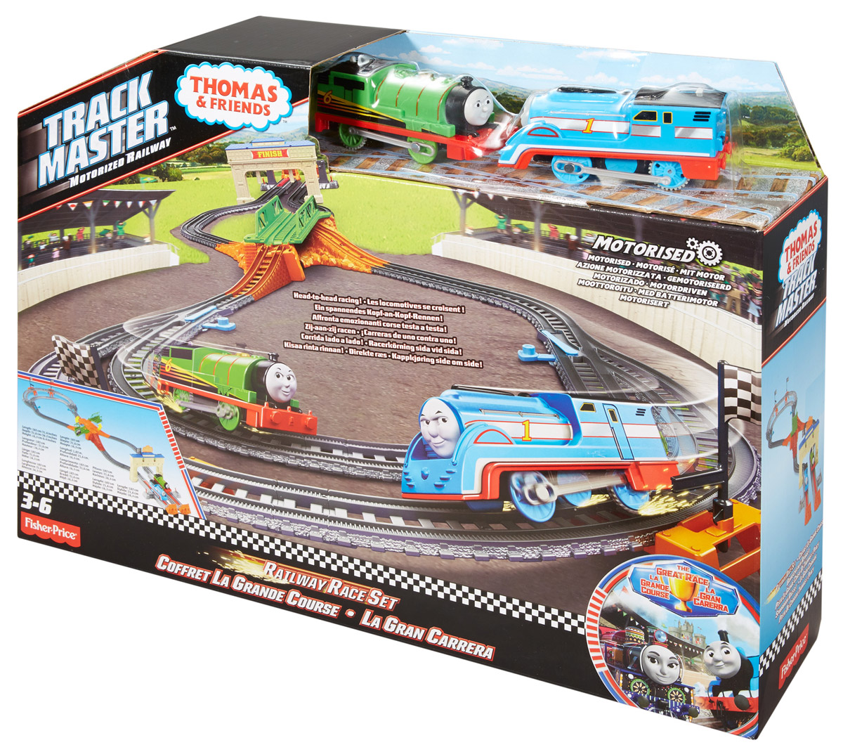 Thomas & Friends Железная дорога Большая гонка Томаса и ПерсиDFM53 Thomas & Friends Железная дорога Большая гонка Томаса и ПерсиDFM53Игровой набор Thomas & Friends Большая гонка Томаса и Перси представляет собой сборную железную дорогу с треками, раздвижным мостом, стрелками, горками. В набор также входят 2 паровозика - Томас и Перси. Набор совместим с другими игрушками и игровыми наборами серии TrackMaster. Игровой набор Thomas & Friends Большая гонка Томаса и Перси создан по мотивам мультфильма Томас и его друзья. В основе сюжета - история о 8 паровозиках - Томасе, Гордоне, Эдварде, Джеймсе, Генри, Перси, Даке и Тоби. Друзья живут на вымышленном острове и работают на железной дороге. У каждого героя свои обязанности, с которыми они с энтузиазмом стараются справиться как можно лучше, потому что очень любят свою работу. Для работы игрушки необходимы 4 батарейки (по 2 на каждый паровозик) типа ААА напряжением 1,5V (не входят в комплект).