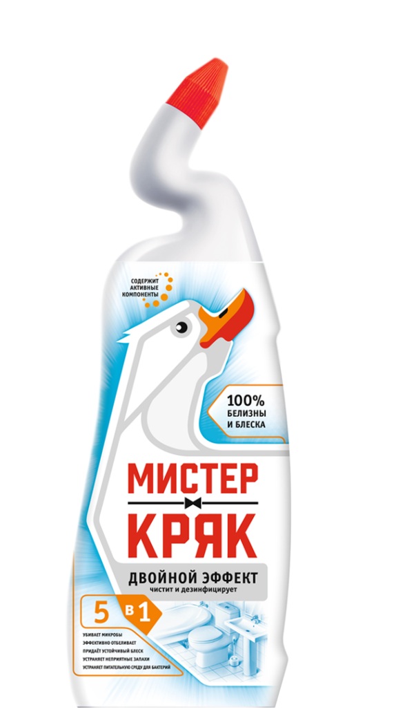 Средство для очистки Мистер Кряк Двойной эффект, 750 г4602984011100 Средство для очистки Мистер Кряк Двойной эффект, 750 г4602984011100100 % защита от микробов на 24 часа. Эффективно устраняет серый налет и загрязнения. Результат чистки заметен уже через 1 мин. Устраняет неприятные запахи. Гелевая формула позволяет дольше задерживаться на поверхности. Можно использовать для чистки и антимикробной обработки* унитазов, раковин, ванн, сантехники, керамической плитки, лотков для домашних животных и канализационных стоков. Способ применения: Раковины, ванны, унитазы, керамическая плитка: нанести средство на поверхность, при необходимости выдержать 2-5 мин, почистить и тщательно смыть. Для уничтожения микробов и удаления стойких загрязнений выдержать 60 мин. Канализационные стоки: налить в водосток (250 мл), оставить на ночь. Напольные, настенные и другие твердые поверхности: мыть раствором 20 мл (2 стол. ложки) на 5 л воды. Состав: 5 % или более, но менее 15 % гипохлорит натрия (калия), менее 5 % АПАВ и НПАВ, менее 5 %: щелочь, ароматизатор.