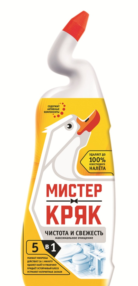 Средство для очистки унитаза Мистер Кряк Интенсивный, цитрусовый микс, 750 г4602984011117 Средство для очистки унитаза Мистер Кряк Интенсивный, цитрусовый микс, 750 г4602984011117Предназначено для удаления устойчивых загрязнений: ржавчины, известкового налёта, мочевого и водного камня и других сложных загрязнений с поверхности унитазов на длительное время. Действует за 1 минуту. Убивает до 99,9 % микробов, придаёт устойчивый блеск, устраняет неприятные запахи. Придаёт лёгкий аромат. Работает как на поверхности унитаза так и под водой. Меняет цвет во время очищения. Благодаря уникальной форме флакона удаляет загрязнения даже в труднодоступных местах. Состав: > 30 % вода, ? 5 %, но < 15 % кислота соляная ингибированная, < 5 % НПАВ, < 5 %: краситель. Способ применения: Нанесите средство под ободок унитаза по окружности, распределить щеткой по очищаемой поверхности. Для удаления загрязнений в нижней части унитаза налейте средство в воду и оставьте на 1 мин., смойте. Плотно закрутите колпачок. При сильном загрязнении обработку повторите. Используйте регулярно для поддержания чистоты и свежести туалета.