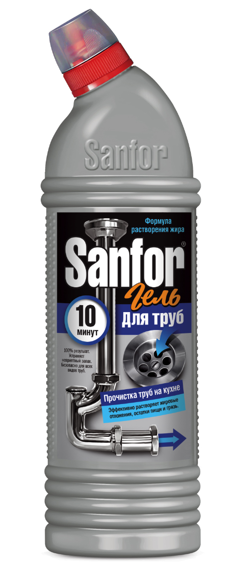 Средство для очистки труб Sanfor Кухонное, 750 г4602984011230 Средство для очистки труб Sanfor Кухонное, 750 г4602984011230Средство предназначено для очистки и профилактического ухода за канализационными трубами на кухне. Густой гель быстро устранит даже очень сильные засоры в канализационных стоках. Результат достигается уже за 10 минут. Благодаря густой структуре проникает глубоко в трубу непосредственно к засору даже при наличии воды. Эффективно растворяет в стоках волосы, остатки пищи, жир и другие загрязнения. Нейтрализует неприятные запахи. Средство безопасно для всех видов труб, в том числе пластиковых. Убивает микробы за 60 минут. Содержит ХЛОР – наиболее эффективное дезинфицирующее средство. Обладает антимикробными* свойствами. Способ применения: Аккуратно налить гель (250 мл) в сливное отверстие канализационной трубы. Не смывать в течение 5-15 мин. При сильных засорах оставить на большее время. Промыть сильной струёй воды. При необходимости обработку повторить. Профилактика: обработку проводить 1 раз в месяц.