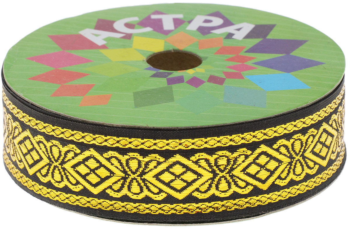 Тесьма декоративная Астра, цвет: черный, ширина 3 см, длина 32,8 м. 77033627703362_черный/золото Тесьма декоративная Астра, цвет: черный, ширина 3 см, длина 32,8 м. 77033627703362_черный/золотоДекоративная тесьма Астра выполнена из текстиля и оформлена оригинальным орнаментом. Такая тесьма идеально подойдет для оформления различных творческих работ таких, как скрапбукинг, аппликация, декор коробок и открыток и многое другое. Тесьма наивысшего качества и практична в использовании. Она станет незаменимом элементов в создании рукотворного шедевра. Ширина: 3 см. Длина: 32,8 м.