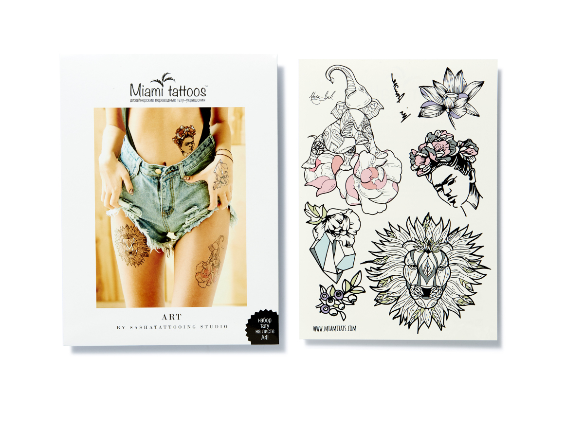 Miami Tattoos Переводные тату Art by Nora Ink, 1 лист, 29,7 см х 21 смМТ0019 Miami Tattoos Переводные тату Art by Nora Ink, 1 лист, 29,7 см х 21 смМТ0019Нора Инк - одна из татуировщиц известной тату-студии Sasha Tattooing Studio. Ее стиль - не только женственные и изящные цветы (особенно пионы), но и мистические фигуры. Начав рисовать набор для Miami Tattoos, она не смогла остановиться на одном эскизе, а нарисовала сет из трех листов, которые сразу же стали бестселлерами.