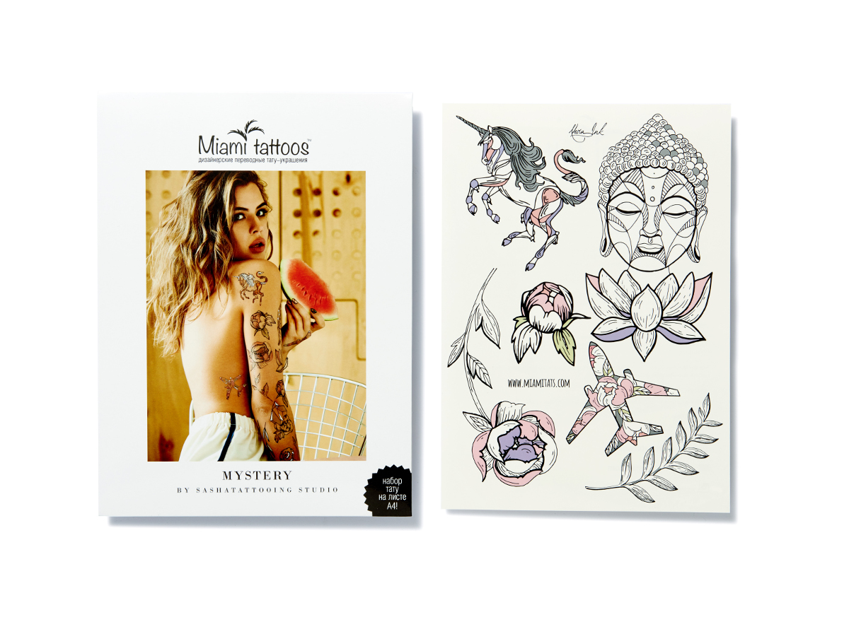 Miami Tattoos Переводные тату Mystery by Nora Ink, 1 лист, 29,7 см х 21 смМТ0021 Miami Tattoos Переводные тату Mystery by Nora Ink, 1 лист, 29,7 см х 21 смМТ0021Нора Инк - одна из татуировщиц известной тату-студии Sasha Tattooing Studio. Ее стиль - не только женственные и изящные цветы (особенно пионы), но и мистические фигуры. Начав рисовать набор для Miami Tattoos, она не смогла остановиться на одном эскизе, а нарисовала сет из трех листов, которые сразу же стали бестселлерами.