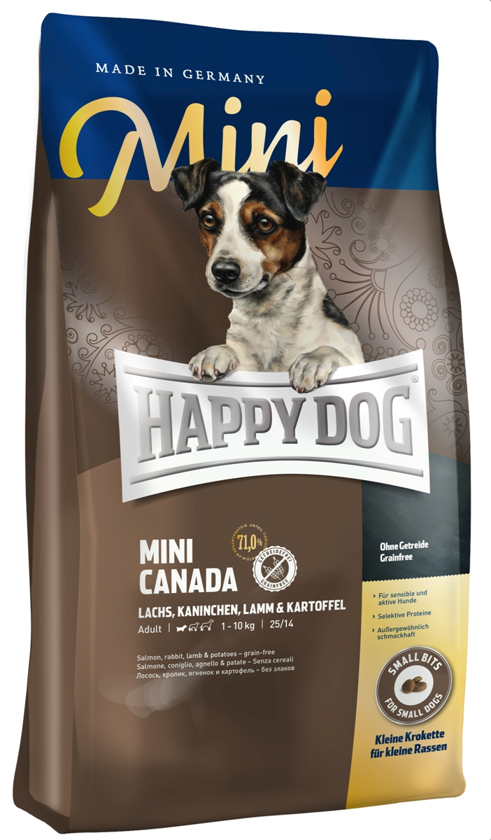 Сухой корм Happy Dog Канада для собак мелких пород, лосось, кролик, ягненок, 4 кг60330 Сухой корм Happy Dog Канада для собак мелких пород, лосось, кролик, ягненок, 4 кг60330Корм Happy Dog Канада, не содержащий злаков, оптимально подходит для чувствительных собак. Корм разработан специально для взрослых собак мелких пород. В состав исключительно вкусного полнорационного корма входит нежное мясо лосося, вкусное мясо кролика и ягненка, а также картофель, не содержащий глютена. Состав: картофельные хлопья (47%), лосось (10%), кролик (10%), ягненок (10%), птичий жир, картофельный белок, свекольная пульпа (обессахаренная), гидролизат печени, масло из семян подсолнечника (1,5%), яблочная пульпа (1,0%), клетчатка, сухое цельное яйцо, рапсовое масло (0,5%), семя льна (0,4%), хлорид натрия, дрожжи, хлорид калия, клюква (0,22%), морские водоросли (0,15%), мясо моллюска (0,04%), юкка шидигера (0,02%), расторопша, артишок, одуванчик, имбирь, березовый лист, крапива, ромашка, кориандр, розмарин, шалфей, корень солодки, тимьян, дрожжи (экстрагированные), (общий объем сухих трав: 0,15%). Аналитический состав:...