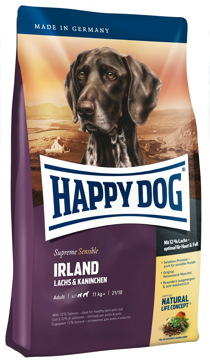 Корм сухой Happy Dog Ирландия для собак средних и крупных пород, с лососем и кроликом, 1 кг03552 Корм сухой Happy Dog Ирландия для собак средних и крупных пород, с лососем и кроликом, 1 кг03552Happy Dog Ирландия - полнорационный корм для всех взрослых собак весом от 11 кг с нормальной потребностью в энергии. Благодаря тщательно отобранным компонентам (без белка из мяса ягненка и птицы, без риса, сои и пшеницы), особо бережной технологии приготовления и оптимизированному уровню белков и калорий корм отлично подходит также для целенаправленного кормления чувствительных собак с их специфическими потребностями. Специальная форма крокет соответствует форме челюстей собак средних и крупных пород. Состав: ячмень, лосось (12%), кролик (9%), мука из цельных зерен овса, картофельные хлопья, птичий жир, гидролизат печени, фосфат дикальция, свекольная пульпа, яблочная пульпа (0,8%), сухое цельное яйцо, хлорид натрия, дрожжи, хлорид калия, морские водоросли (0,15%), семя льна (0,15%), мясо моллюска (0,05%), Юкка Шидигера (0,02%), расторопша, артишок, одуванчик, имбирь, березовый лист, крапива, ромашка, кориандр, розмарин, шалфей, корень...