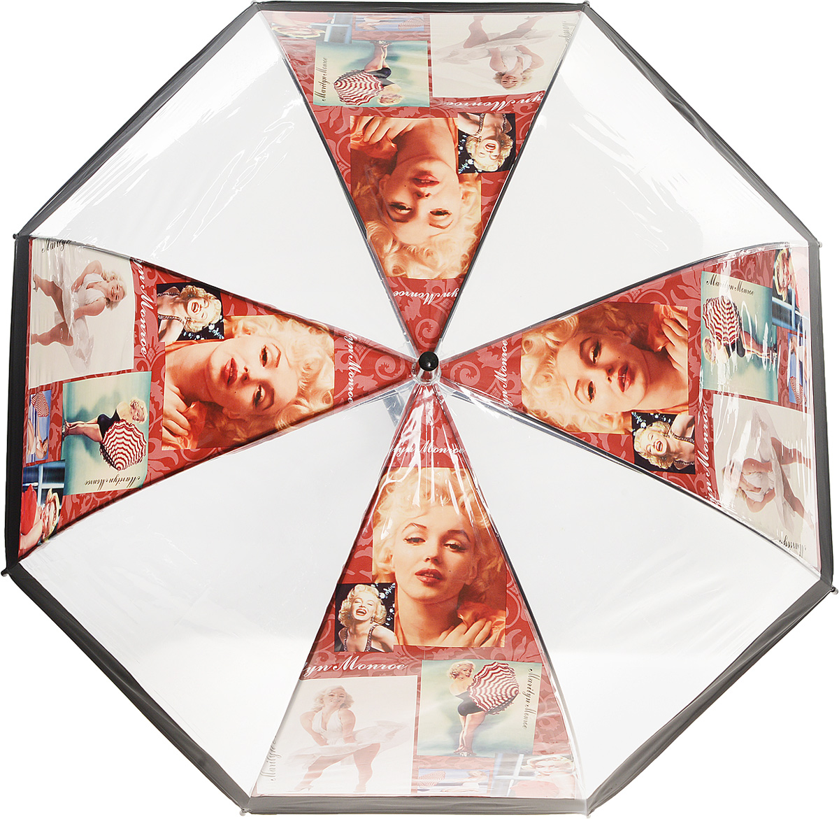 Зонт женский Kawaii Factory Vintage Marilyn, цвет: прозрачный. KW042-000165KW042-000165 Зонт женский Kawaii Factory Vintage Marilyn, цвет: прозрачный. KW042-000165KW042-000165Элегантный прозрачный зонт-трость Vintage Marilyn от Kawaii Factory с изображением легендарной красавицы Мерлин Монро и глубоким куполом позволит вам выглядеть стильно в ненастную погоду. Зонт состоит из стержня и 8 спиц, изготовленных из металла. Купол изготовлен из качественного ПВХ, который надежно защитит вас от дождя. Зонт дополнен удобной ручкой из пластика, которая выполнена в виде крючка. Также зонт имеет пластиковый наконечник, который устраняет попадание воды на стержень и уберегает зонт от повреждений. Изделие имеет полуавтоматический механизм сложения: купол открывается нажатием кнопки на ручке, а складывается вручную до характерного щелчка. Зонт закрывается хлястиком на кнопку. Зонт Vintage Marilyn - лучшее украшение не только для яркой блондинки, жгучей брюнетке он также придется по вкусу. Каждая модница с таким аксессуаром будет привлекать восторженные взгляды окружающих.