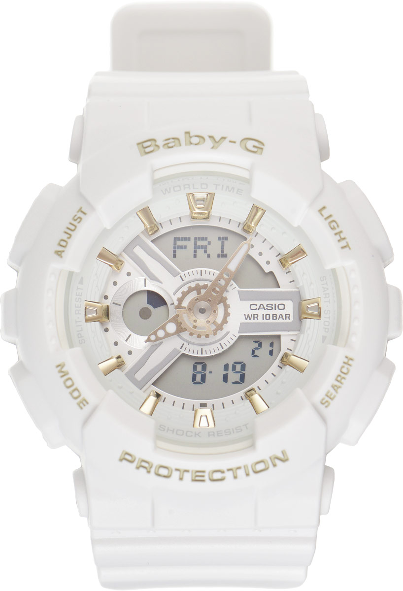 Часы наручные женские Casio G-Shock, цвет: белый. BA-110GA-7A1BA-110GA-7A1 Часы наручные женские Casio G-Shock, цвет: белый. BA-110GA-7A1BA-110GA-7A1Стильные часы Baby-G сочетают в себе ультрамодные цвета с приглушенным матовым покрытием. Золотистые металлические детали, используемые для меток и часовых элементов, выступают привлекательными акцентами. Часы будут пользоваться популярностью среди девушек, ведущих активный образ жизни. Ударопрочная конструкция защищает механизм от ударов и вибрации. Корпус выполнен из высококачественного пластика и оснащен минеральным стеклом, устойчивым к возникновению царапин. Резиновый ремешок имеет надежную классическую застежку. Циферблат подсвечивается светодиодом, а умная функция задержки отключения освещает циферблат еще несколько секунд после отпускания кнопки освещения. Помимо этого стоит отметить еще люминесцентный состав на стрелках и между часовых меток с ярким послесвечением даже после кратковременного воздействия света. Часы имеют будильник с функцией повтора сигнала (Snooze). Среди удобных функций также имеется секундомер с точностью показаний 1/100 с и ...