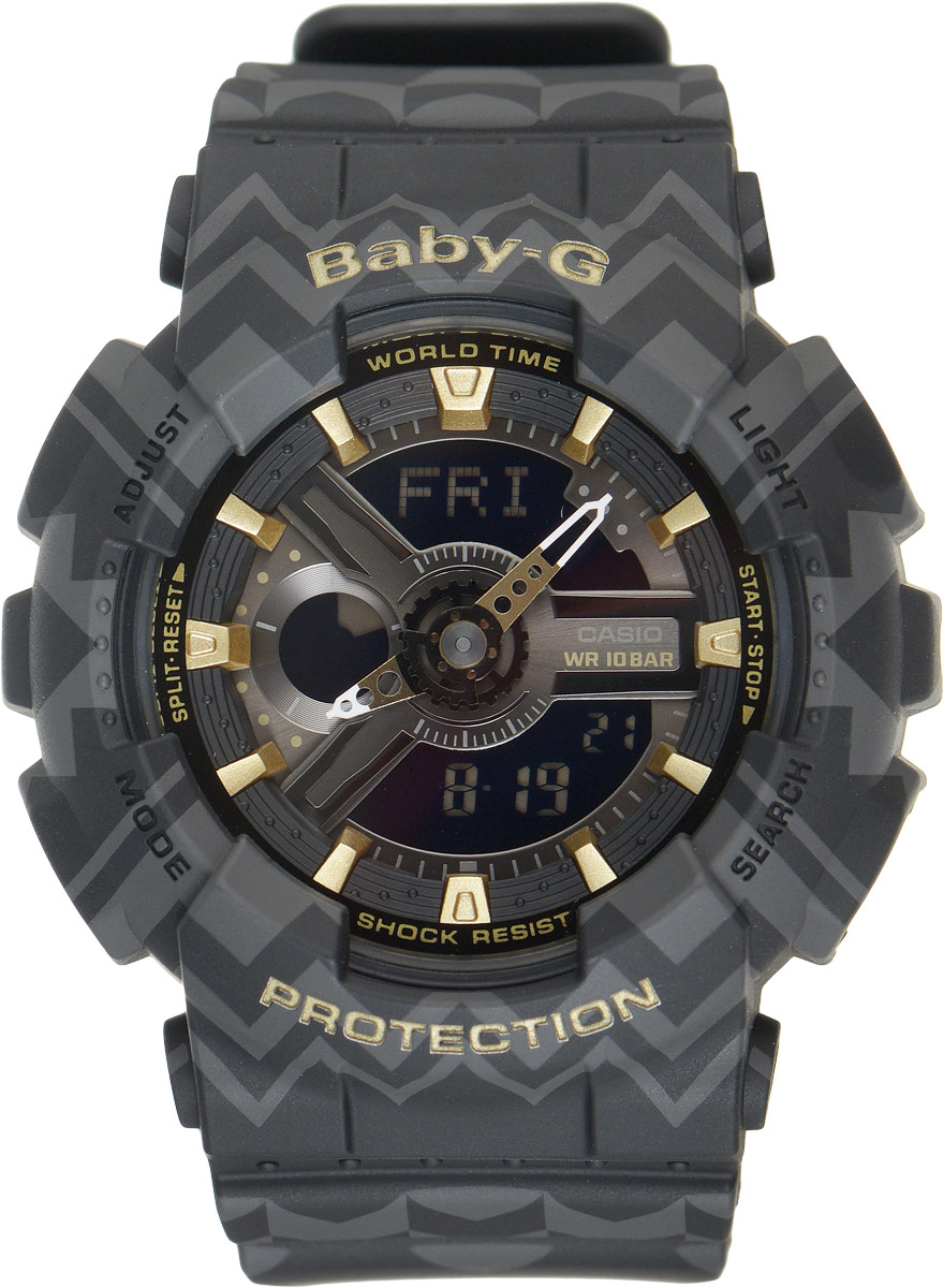 Часы наручные женские Casio G-Shock, цвет: черный, серый. BA-110TP-1ABA-110TP-1A Часы наручные женские Casio G-Shock, цвет: черный, серый. BA-110TP-1ABA-110TP-1AСтильные функциональные часы Baby-G сочетают в себе ультрамодные цвета с приглушенным матовым покрытием, декорированным треугольным этническим узором. Золотистые металлические детали, используемые для меток и часовых элементов, выступают привлекательными акцентами. Часы будут пользоваться популярностью среди девушек, ведущих активный образ жизни. Ударопрочная конструкция защищает механизм от ударов и вибрации. Корпус выполнен из высококачественного пластика и оснащен минеральным стеклом, устойчивым к возникновению царапин. Резиновый ремешок имеет надежную классическую застежку. Изделие оснащено кварцевым механизмом с двойной цифро-аналоговой индикацией при помощи многофункциональных стрелок и на жидкокристаллическом дисплее и имеет степень водозащиты равную 100WR, что отлично подходит для плавания и ныряния. Циферблат подсвечивается светодиодом, а умная функция задержки отключения освещает циферблат еще несколько секунд после отпускания кнопки освещения. Помимо...