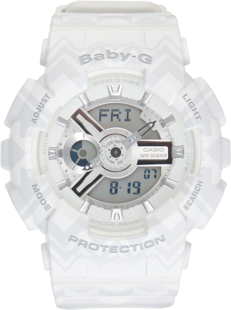Часы наручные женские Casio G-Shock, цвет: белый, серый. BA-110TP-7ABA-110TP-7A Часы наручные женские Casio G-Shock, цвет: белый, серый. BA-110TP-7ABA-110TP-7AСтильные функциональные часы Baby-G сочетают в себе ультрамодные цвета с приглушенным матовым покрытием, декорированным треугольным этническим узором. Золотистые металлические детали, используемые для меток и часовых элементов, выступают привлекательными акцентами. Часы будут пользоваться популярностью среди девушек, ведущих активный образ жизни. Ударопрочная конструкция защищает механизм от ударов и вибрации. Корпус выполнен из высококачественного пластика и оснащен минеральным стеклом, устойчивым к возникновению царапин. Резиновый ремешок имеет надежную классическую застежку. Изделие оснащено кварцевым механизмом с двойной цифро-аналоговой индикацией при помощи многофункциональных стрелок и на жидкокристаллическом дисплее и имеет степень водозащиты равную 100WR, что отлично подходит для плавания и ныряния. Циферблат подсвечивается светодиодом, а умная функция задержки отключения освещает циферблат еще несколько секунд после отпускания кнопки освещения. Помимо...